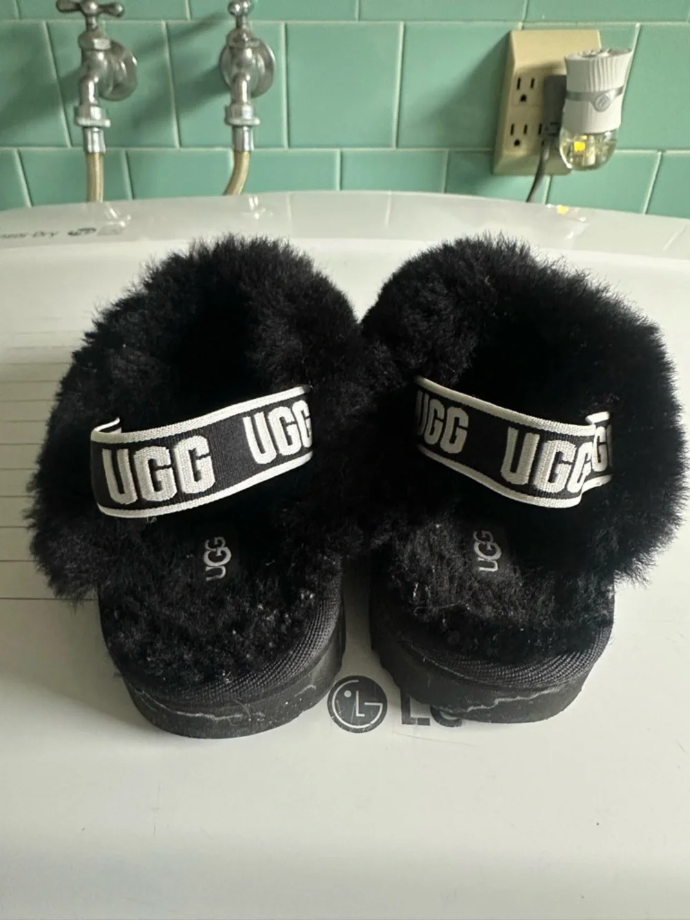 UGG Black Fuzzy Backstrap Slippers